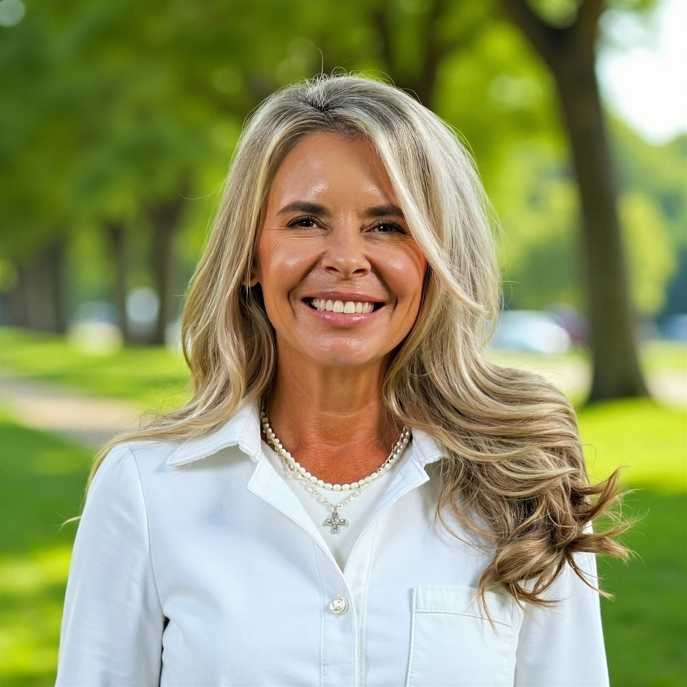 Portrait of author Margaret Iuculano smiling outdoors in a white shirt and pearl necklace