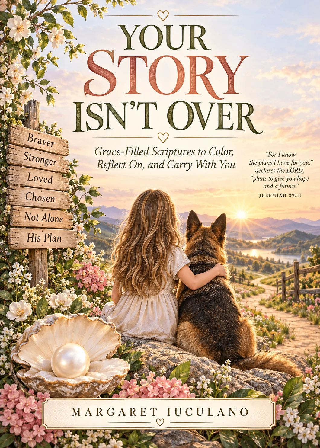Cover of Your Story Isn't Over by Margaret Iuculano, showing a German shepherd, a pearl, and a sunrise path